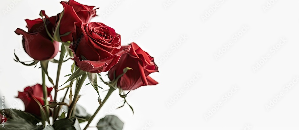 Poster close up shot of a bouquet of red roses on a white backdrop with copy space image available