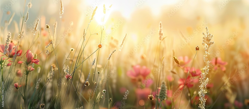 Poster Selective focus captured on wild grass flowers in a field with a Pennabilli background creating a picturesque copy space image