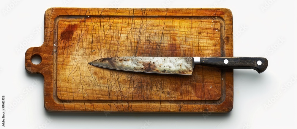 Poster Knife resting on a cutting board with a white background perfect for adding your own content in the copy space image