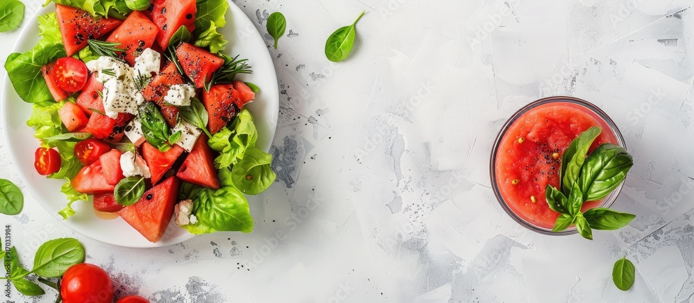 Poster summer salad featuring watermelon lettuce goat cheese and spices paired with a watermelon smoothie r