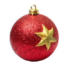 a round red ball with a golden glittery star and moon