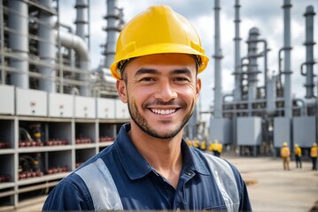 Confident industrial electric engineer smiling and standing against the power supply inside an oil refinery with copy space.