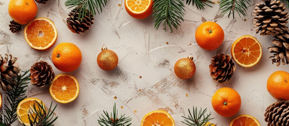 Poster top down view of a new year card featuring balls and oranges with copy space image