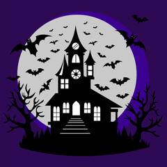 A haunted house with flying bats on the night of the full moon, Halloween