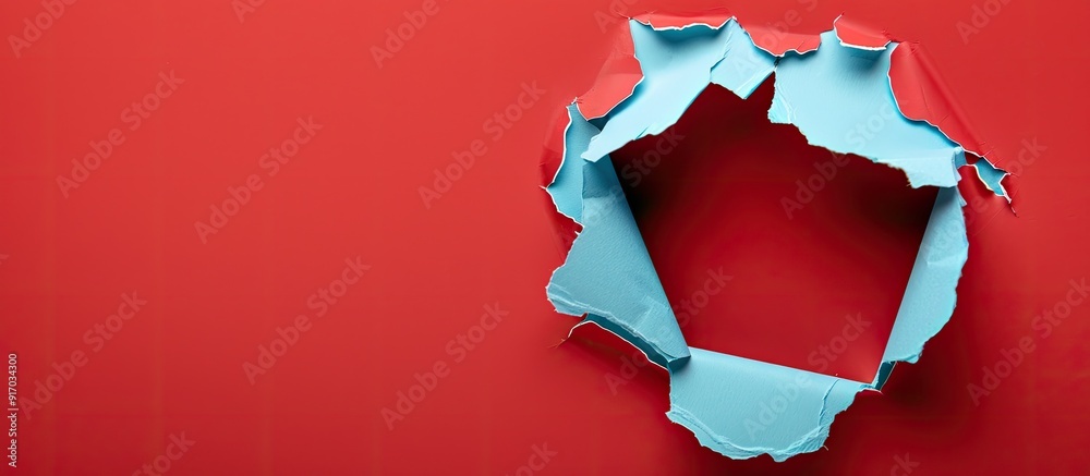 Aufkleber a hole in light blue paper with a red background serves as a striking copy space image