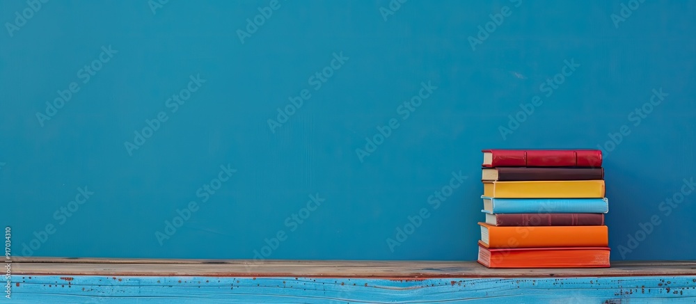 Aufkleber A stack of books is arranged neatly on a wooden table in front of a blue wall creating a serene backdrop for the copy space image illustrating the education concept of going back to school