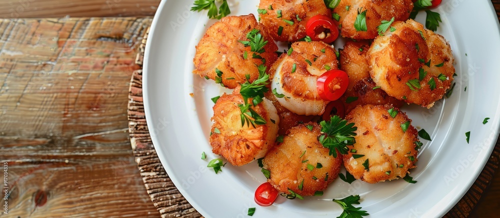 Poster scrumptious fried scallops presented on a white plate with copy space image available