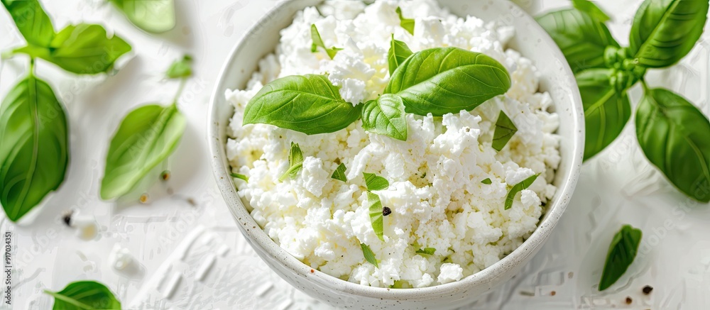 Poster Fresh cottage cheese with fragrant basil in a bowl on a white table with room for a caption in the image. copy space available