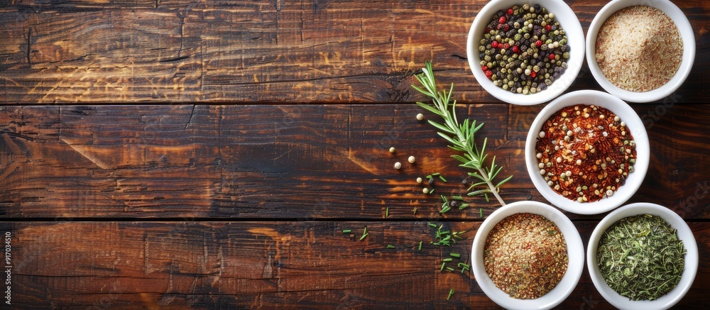 Poster top view of spices in small white bowls on a brown wooden backdrop suitable for pilaf ingredients wi