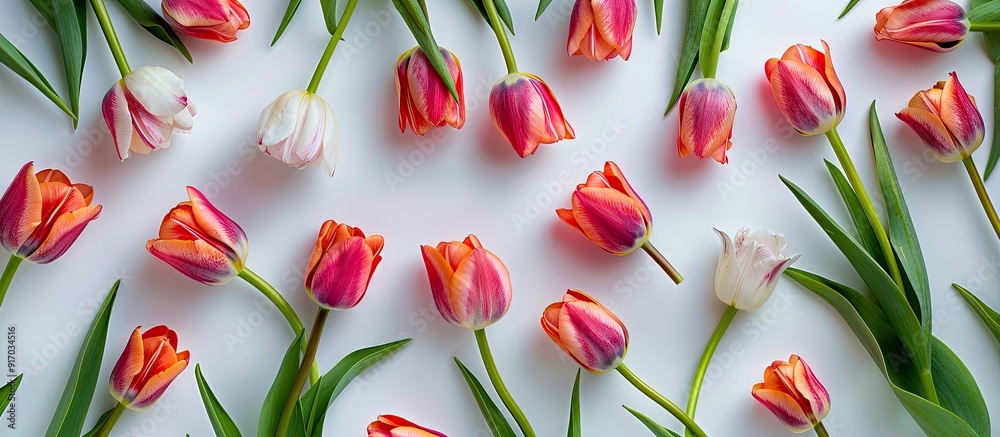 Fototapete flat lay composition created with tulip flowers forming a concept background with copy space image