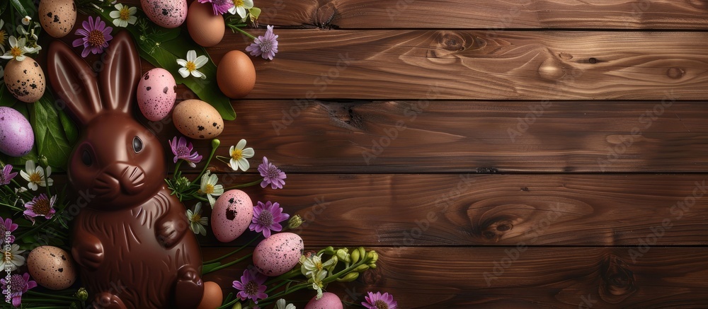 Fototapete top view of a lovely easter arrangement featuring a chocolate bunny eggs and flowers on a wooden bac