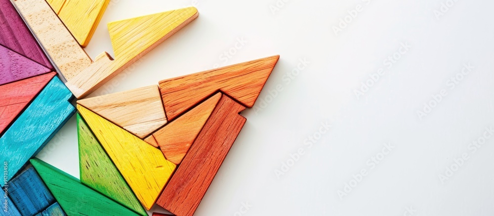 Poster colorful wooden tangram puzzle on a white background with a clear space for an image. copy space ava