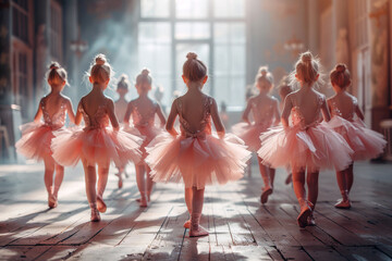 Cute group of young ballerinas in pink tutus practice their ballet positions in a sunlit dance studio, embracing the art of dance with grace and enthusiasm - Powered by Adobe