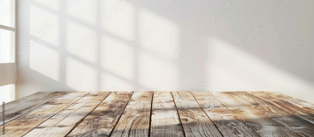 Poster Empty copy space image on a white wall background with wood on the table suitable for product display or montage