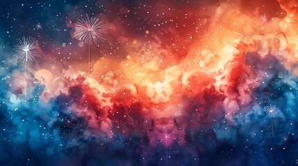 Naklejka premium A seamless watercolor pattern featuring festive fireworks, bright and colorful explosions, sparkles, trails, soft blending, intricate details, celebratory and lively, hd quality, natural look.