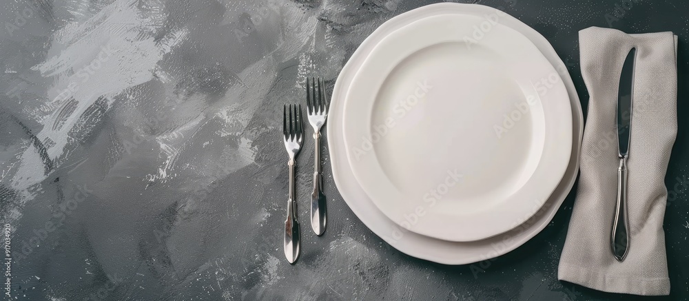 Poster Minimalistic gray concept with a ceramic white plate cutlery and a napkin on a gray background ideal for text or image placement. copy space available