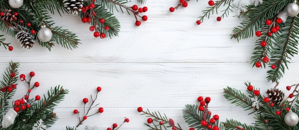 Aufkleber festive christmas arrangement on a white wooden surface with space available for adding text or imag