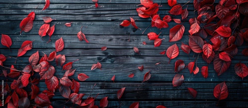 Poster top down view of autumn s red leaves against a dark wooden backdrop with copy space image available
