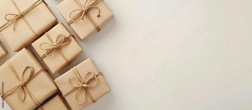 Poster elegant paper wrapped vertical gift boxes on a white background with copy space image