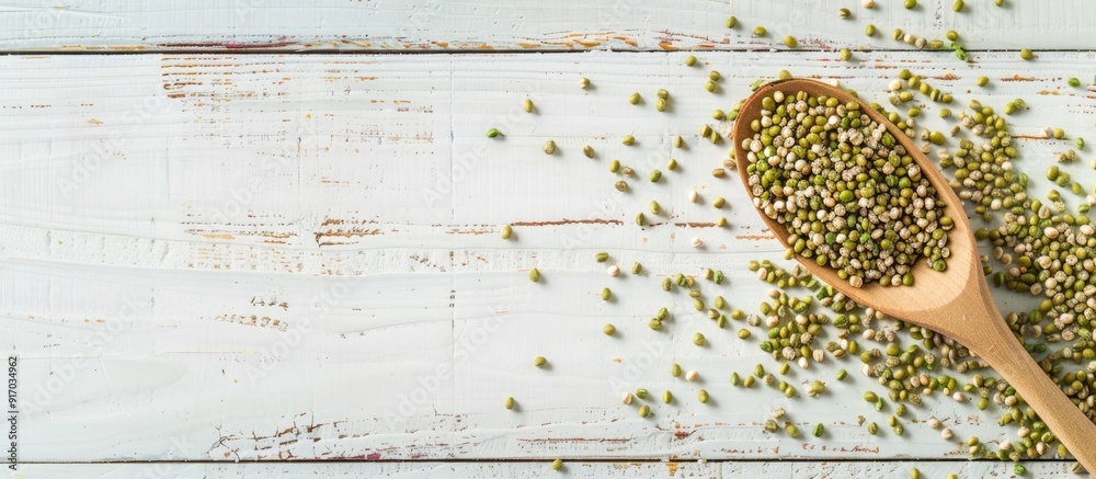 Poster top down view of raw green buckwheat grains in a spoon on a white wooden surface with room for text 