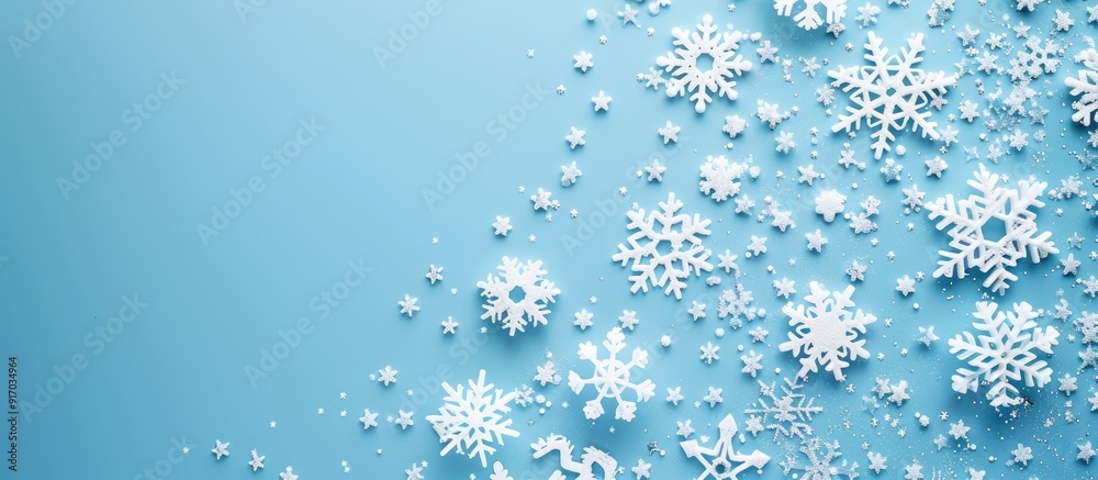 Poster holiday theme with white snowflakes on a blue backdrop aerial perspective with a flat layout design 