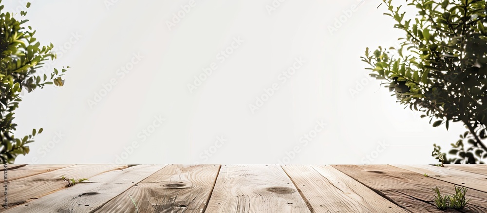 Poster design wooden terrace with a white backdrop featuring an empty tabletop ideal for showcasing your co