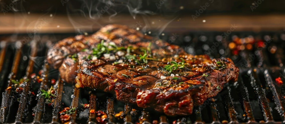 Aufkleber A succulent beef steak sizzling on a BBQ grill with a rustic background and ample copy space image making it an appetizing and wholesome meal option