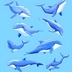 Fototapeta premium Colorful cartoon whales swimming in a vibrant blue ocean.