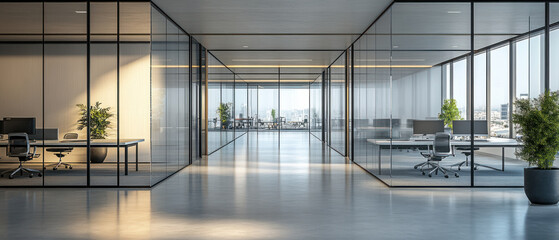 Glass partitioned,  Airy and sophisticated office space, marked by glass partitions that create a fluid layout. Desks arranged with state-of-the-art equipment sit against a backdrop