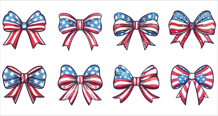 Set of Patriotic Ribbon tie bow with USA flag, Patriotic bow with an American flag vector, American flag bow tie, Bow tie with American flag, American bow and ribbon, Vector illustration