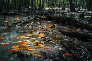 A tranquil forest transformed into a watery haven for vibrant orange koi, juxtaposing nature&rsquo;s resilience with the aftermath of recent floodwaters.