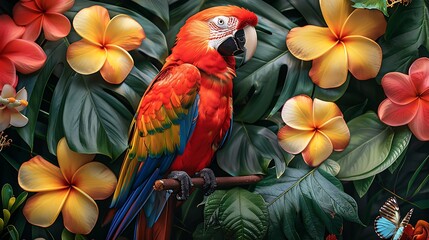 Obraz premium A seamless watercolor pattern featuring rainforest animals, including parrots, monkeys, and butterflies, lush foliage, vibrant hues, detailed textures, lively and natural, hd quality, natural look.