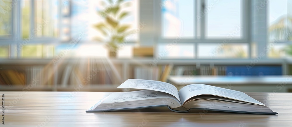 Aufkleber An educational theme with an open book on a desk set against a blurred background perfect for a copy space image