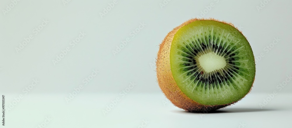 Poster A kiwi fruit displayed against a white backdrop with a blank space for text or images. copy space available