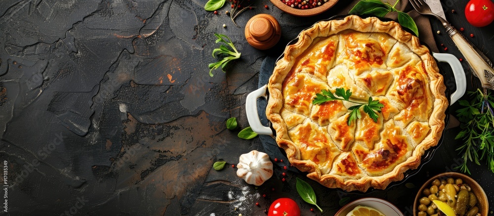 Poster A rustic top view image displays a seafood pie dish with fresh appetizers and meal on the table creating a copy space with a food background