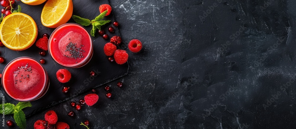 Poster citrus and berry smoothie drinks with ingredients arranged on black stone for a copy space image
