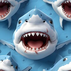 Naklejka premium Playful cartoon sharks with open mouths and big smiles against a blue background.
