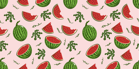 Seamless pattern with watermelon slices on a pink background. 