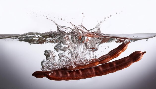 Carrube tuffate in acqua chiara e luminosa. Elementi estratti dalla frutta per la bellezza e la salute della pelle e del corpo. Le vitamine delle carrube. Frutta e benessere.