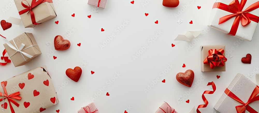 Poster top view of valentine s day greeting card surrounded by gift boxes and hearts on a white backdrop wi