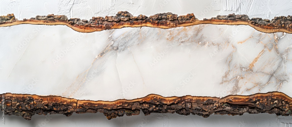 Poster white marble background with a stunning wooden surface featuring a bark border ideal for showcasing 