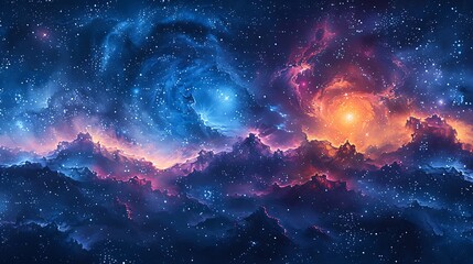 Fototapeta premium A seamless watercolor pattern featuring swirling galaxies, nebulae, and star clusters, vibrant blues, pinks, and purples, detailed cosmic elements, ethereal and dreamy, hd quality, natural look.