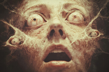 Obraz premium A surreal and eerie close-up of a face with unnaturally bulging eyes and web-like strands, evoking feelings of horror, fear, and surreal disorientation.