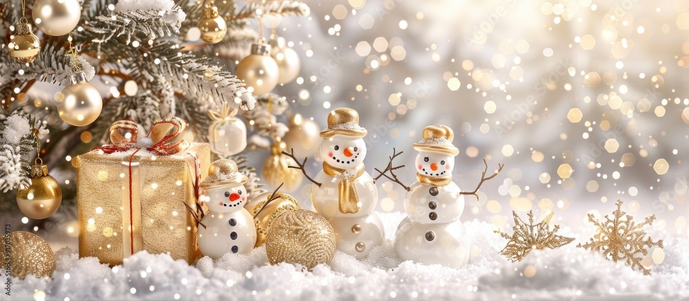 Poster festive christmas setting featuring a golden tree cheerful snowmen and presents on a joyful backgrou