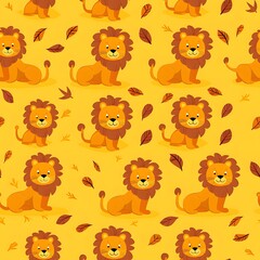 Fototapeta premium Playful cartoon lions amidst autumn leaves on a vibrant yellow background.