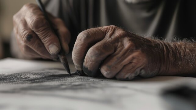Close-up of an artist's hands using charcoal to sketch on paper, showcasing the detailed textures and creative process