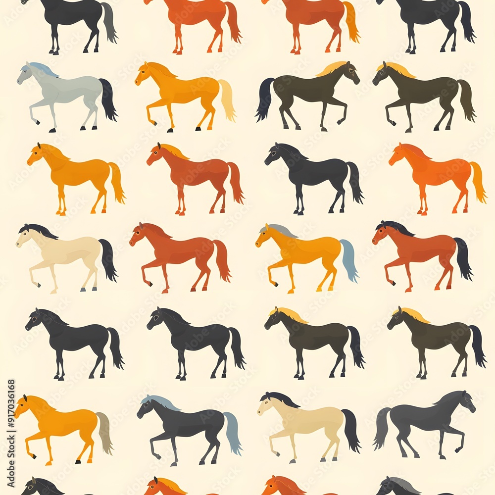 Wall mural Colorful patterned design featuring various horse breeds in vibrant colors.