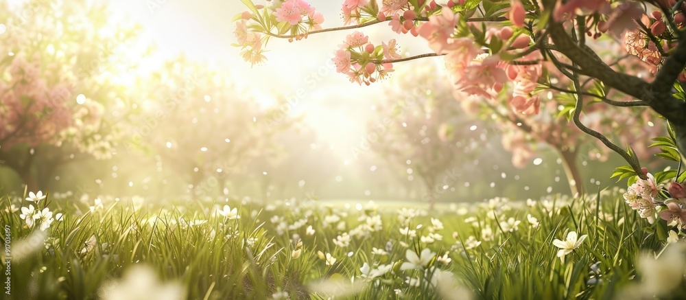 Aufkleber Spring brings blossoming fruit trees against a backdrop perfect for text or inscriptions with a copy space image