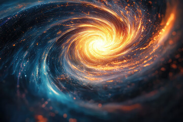 A mesmerizing vortex of light and energy swirls in a cosmic dance, radiating luminous bursts of orange and blue brilliance. Nature's cosmic kaleidoscope.