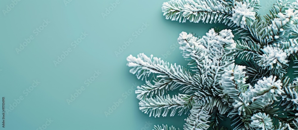 Poster top view of a snow covered spruce tree on a christmas themed background with ample copy space image